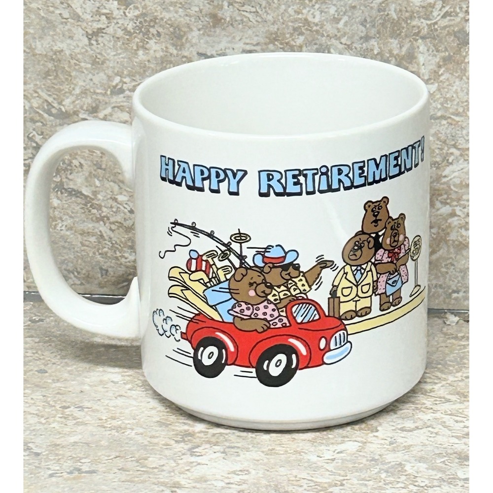 Russ Berrie Happy Retirement Bear Coffee Mug Vintage Ceramic 8389 White 10oz